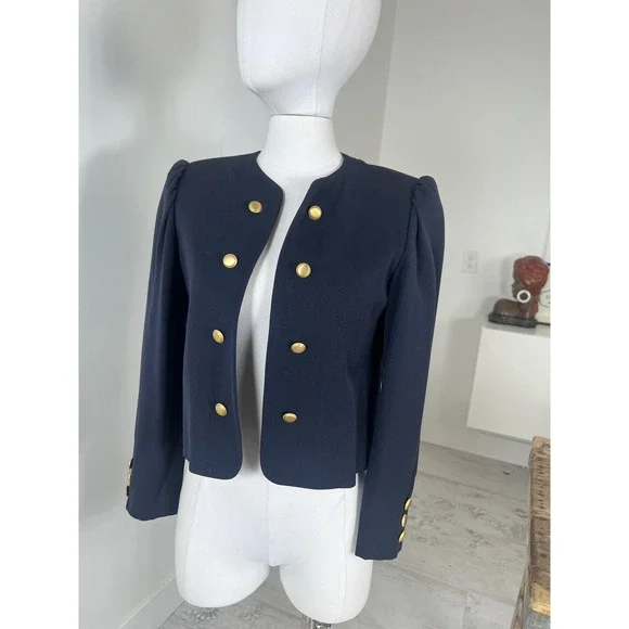 Louis Feraud Cropped Navy Wool Blazer Gold Buttons Size 38 - Picture 2 of 6